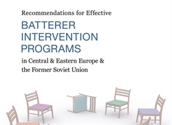 [ai] A graphic design featuring several chairs in various colors and orientations, with the text 'Recommendations for Effective Batterer Intervention Programs in Central & Eastern Europe & the Former Soviet Union' displayed prominently.